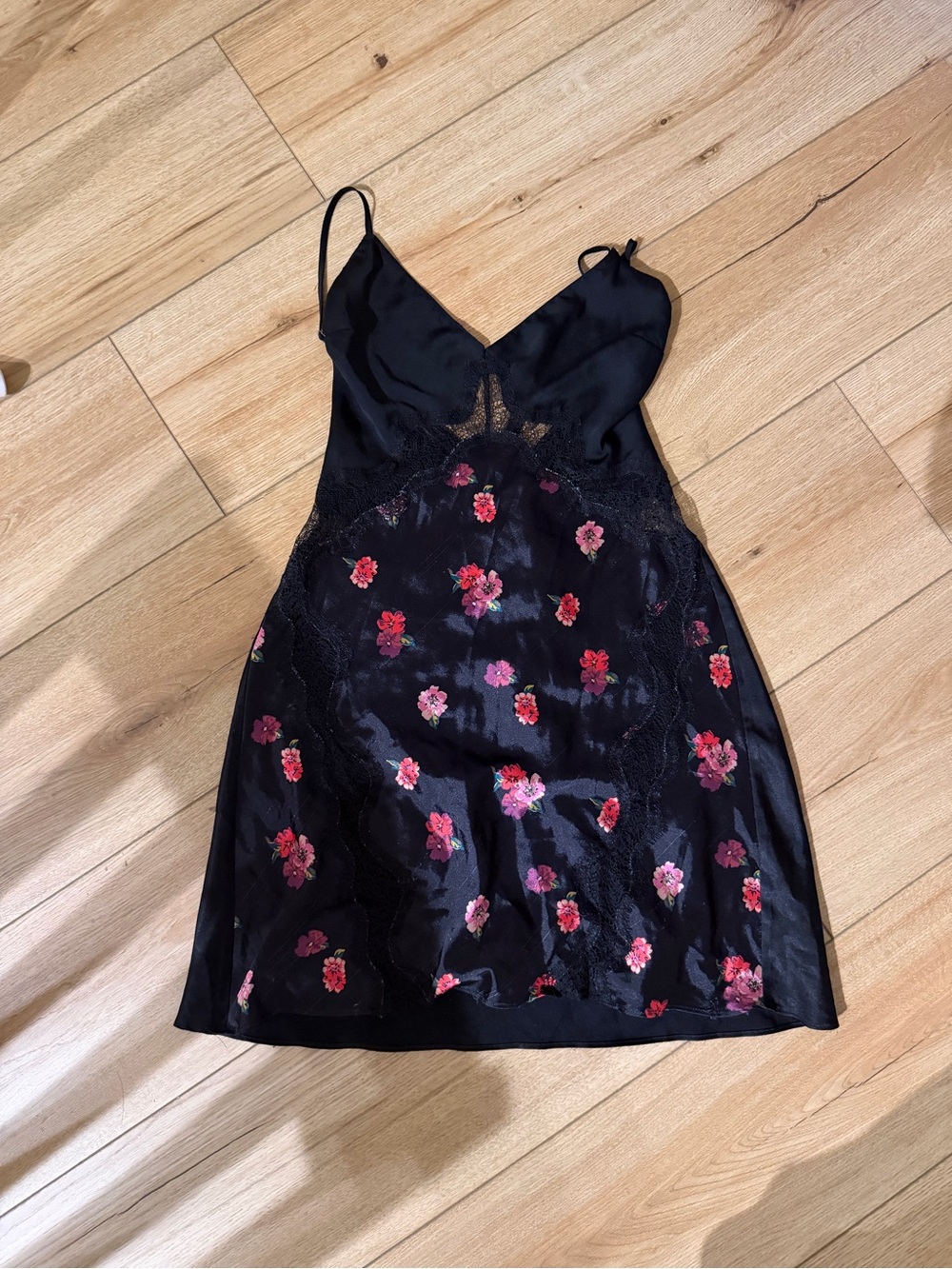Victoria's Secret Black Slip Dress with Pink & Red Floral Detail